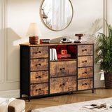 Dresser for Bedroom with 10 Drawers, Storage Organizer TV Stand for 55" TV with LED Lights and Sockets, Fabric Chest of Drawers with PU Finish for Kid Room, Entryway, Living Room, Hallway, Brown LIWEIJIA