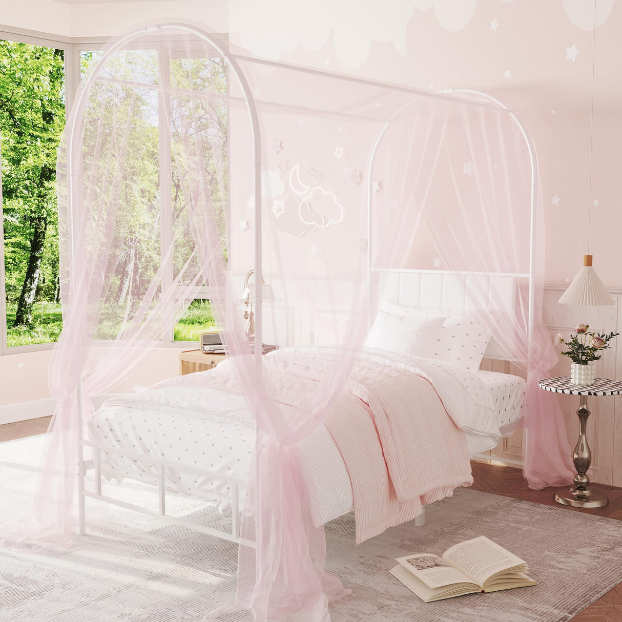 IDEALHOUSE Twin Canopy Bed Frame with Upholstered Headboard, Metal Platform Bed Frame with Strong Slats Support & Underbed Storage Space, Noise Free Mattress Foundation, No Box Spring Needed, White IDEALHOUSE