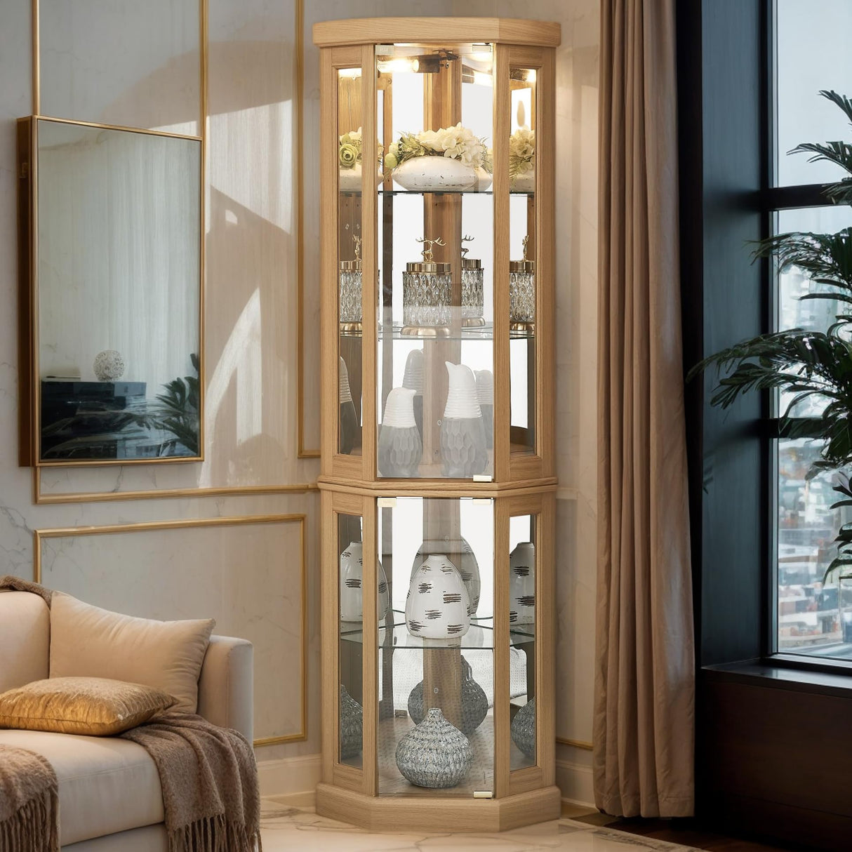 Eyisean 70" Lighted Glass Corner Curio Cabinet, Display Cabinet with Elegant Tempered Glass Door, China Cabinet with Light Bulb, Mirrored Back Panel, Rack for Living Room Storage (Light Oak) Eyisean