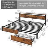 LIKIMIO Vintage Brown King Bed Frame with Storage Headboard and Charging Station LIKIMIO