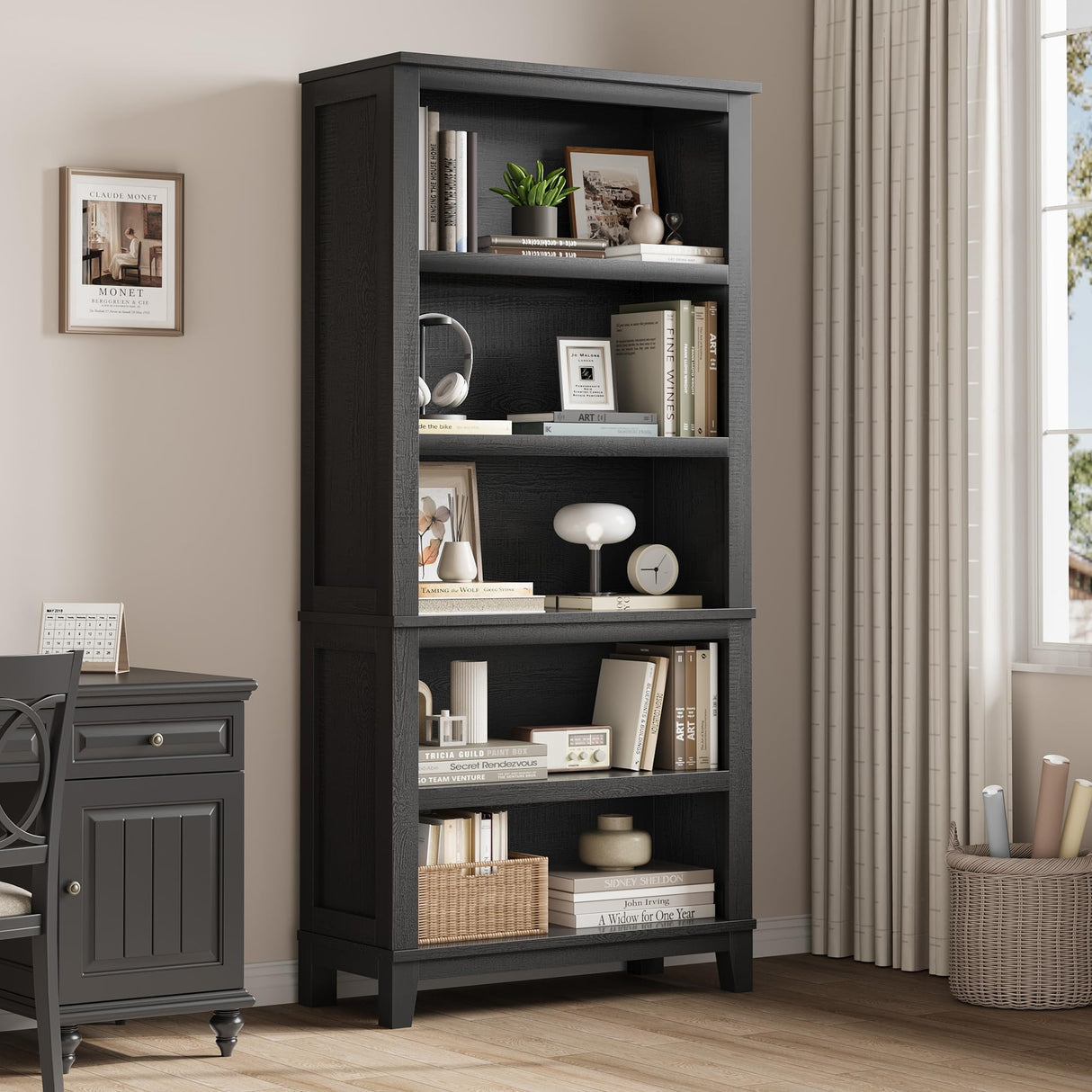 IDEALHOUSE 71" Farmhouse Bookshelf w/Adjustable Shelves & 31.5 in Whidth, 5 Tier Tall Bookshelf with Wooden Legs, Vintage Wooedn Book Shelf for Living Room Office (Black, 71.3" H x 31.5" W x 11.8" D) IDEALHOUSE