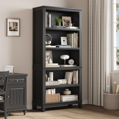 SLEKVERSA 71" Farmhouse Bookcase w/Adjustable Shelves & 31.5" Width, 5 Tier Tall Bookshelf with Wooden Legs, Rustic Vintage Book Shelf for Living Room Office Library (Black) SLEKVERSA