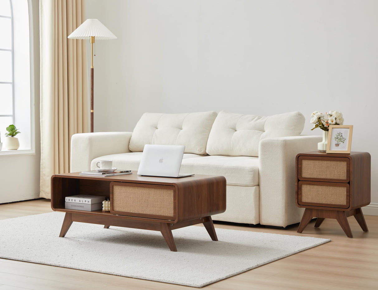 AVZEAR Mid Century Modern Coffee Table with Storage, Farmhouse Coffee Table Accent Center Tables with Sliding Linen Door Panel, Dining Table Centerpiece Decor Wood Coffee Table for Living Room, Walnut AVZEAR