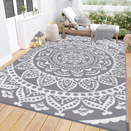 Bsmathom Waterproof Outdoor Rug 6'x9' Reversible Boho Plastic Straw Patio Deck Camping Rugs, Indoor Outdoor Portable RV Mat Clearance Carpet for Outside, Porch, Balcony, Backyard, Beach, Pool,Grey Bsmathom