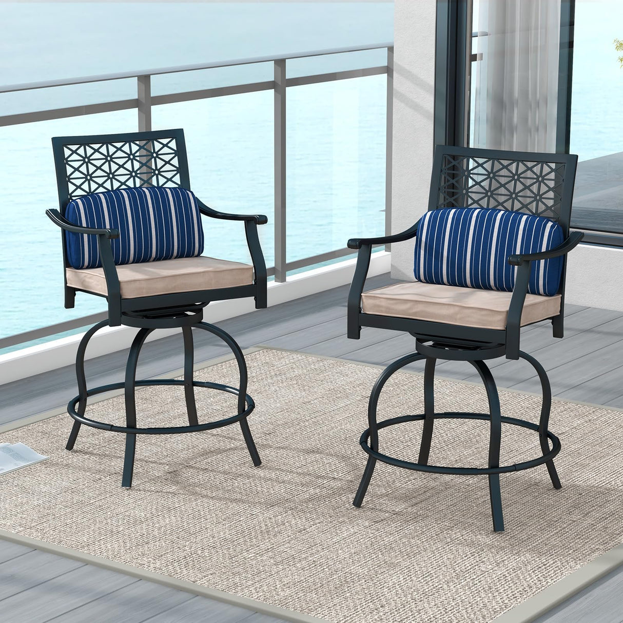 COSTWAY Outdoor Bar Chair Set of 4, 24.5 Inch Swivel Counter Height Bar Stools with Footrest, Seat Cushions & Lumbar Pillows, Metal Dining Bar Chairs for Patio, Backyard, Poolside (4) COSTWAY