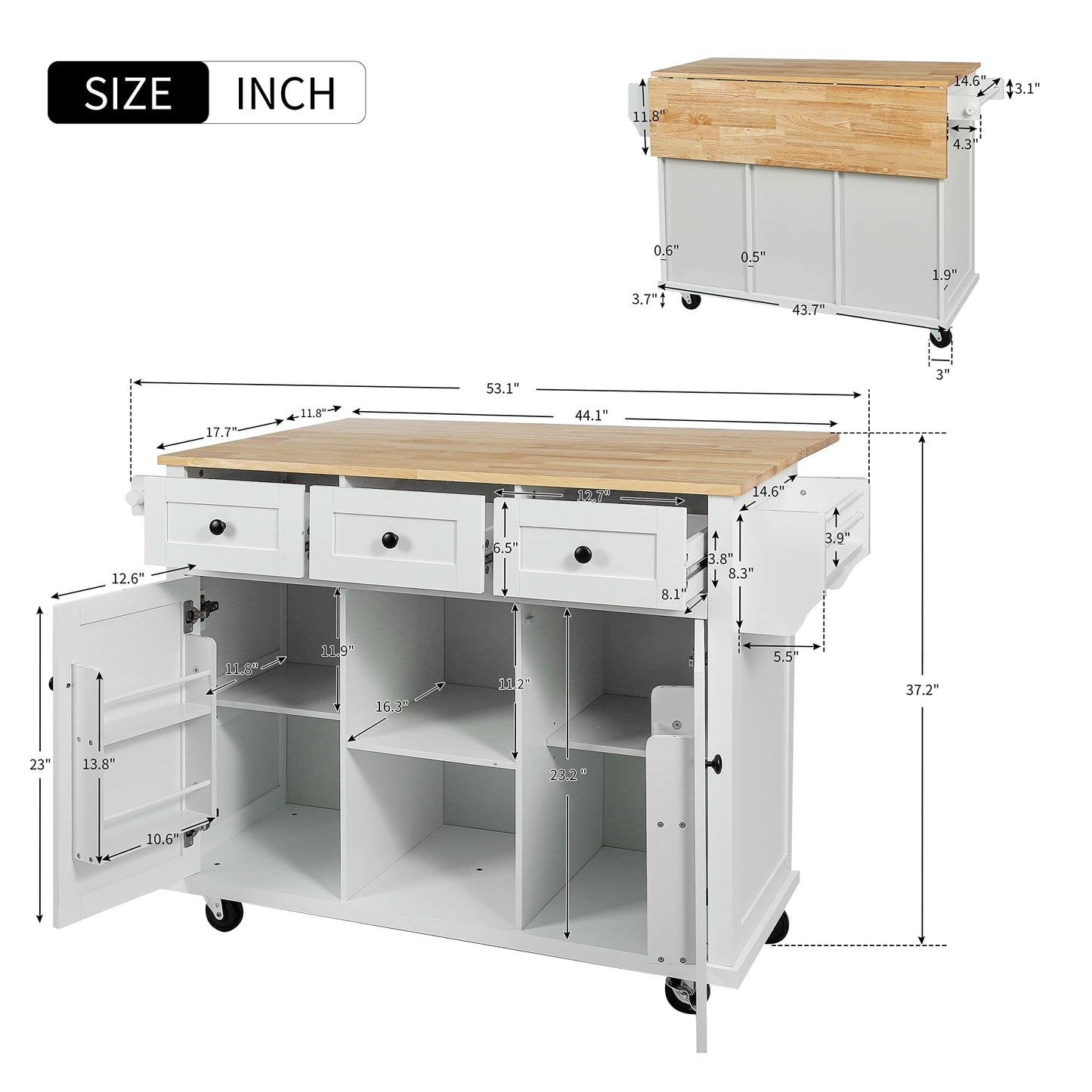 MACHOME Kitchen Cart with Rubber Wood Drop-Leaf Countertop, Cabinet Door Internal Storage Racks, Kitchen Island on 5 Wheels with Storage Cabinet and 3 Drawers for Dinning Room, White - WoodArtSupply