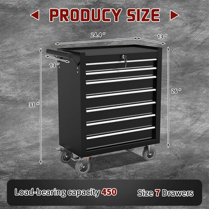 7-Drawer Rolling Tool Chest,Metal Rolling Tool Box with Wheels,High Capacity Tool Storage Cabinet with Locking System,for Garages, Workshop (Black, 7-Drawer) - WoodArtSupply