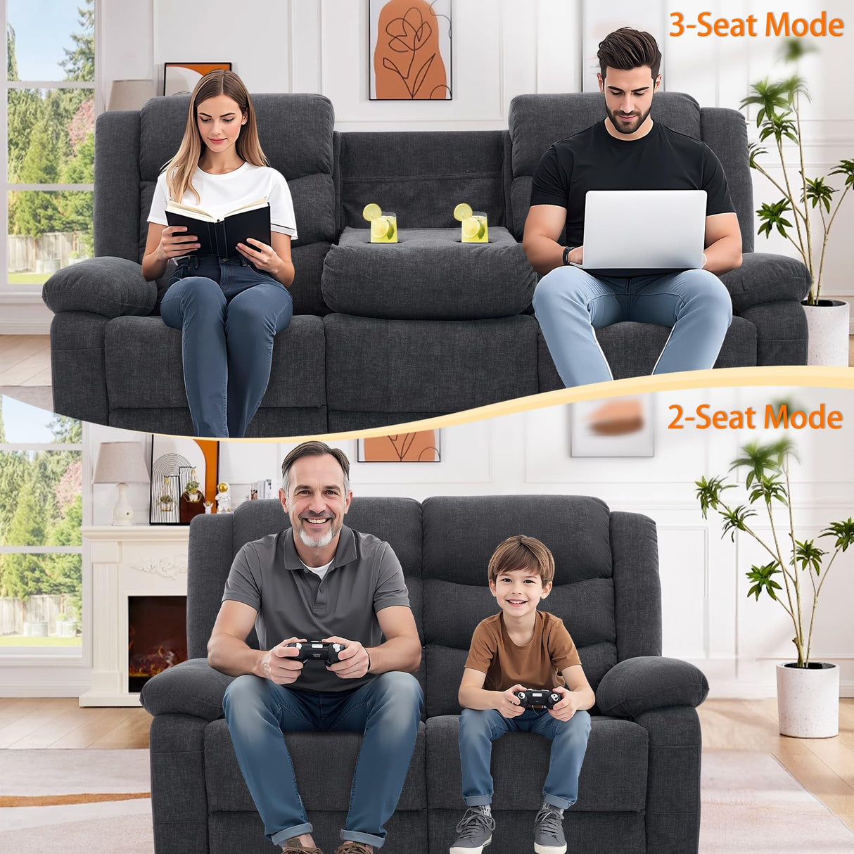 Korser Recliner Sofa, Reclining Loveseat with Console, Oversized Reclining Couch with Drop Down Table, 3-Seater Sofa with Cup Holder and Recessed Power Strip, Grey Korser