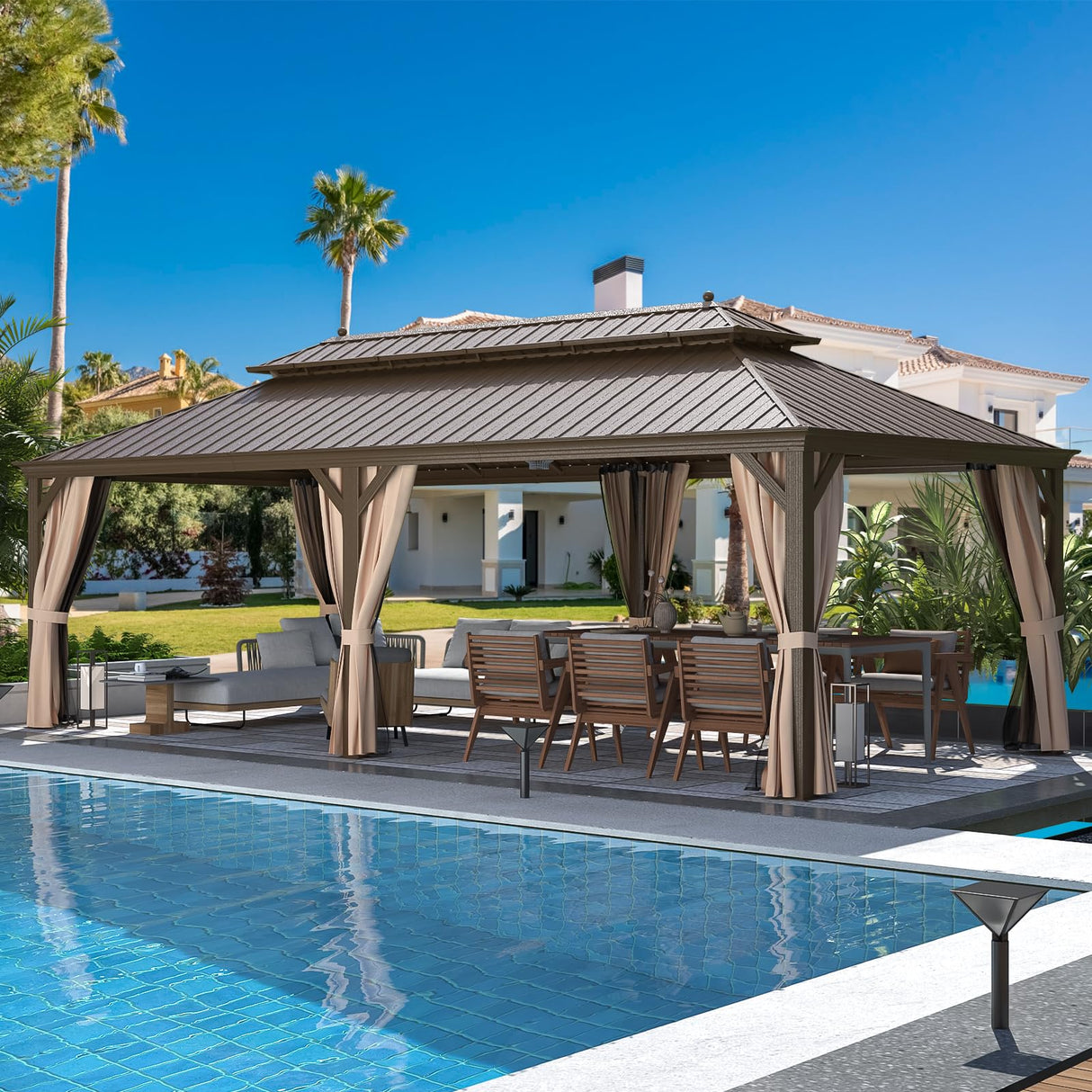 MELLCOM 12' x 24' Hardtop Gazebo,Galvanized Steel Metal Double Roof Aluminum Gazebo with Curtain and Netting,Brown Permanent Pavilion Gazebo with Aluminum Frame for Patios,Gardens,Lawns MELLCOM