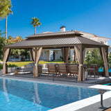 MELLCOM 12' x 24' Hardtop Gazebo,Galvanized Steel Metal Double Roof Aluminum Gazebo with Curtain and Netting,Brown Permanent Pavilion Gazebo with Aluminum Frame for Patios,Gardens,Lawns MELLCOM