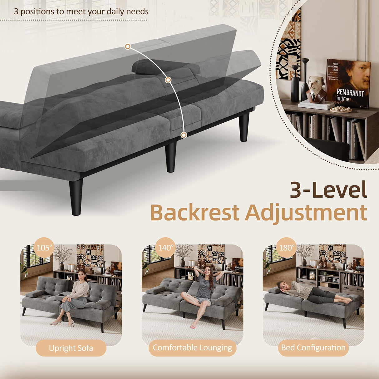 Shintenchi Futon Sofa Bed, Velvet Foldable Couch Reclining Sleeper w/Removable Armrests, Upholstered Loveseat w/Folding Cup Holders for Home, Office, Dark Gray Shintenchi