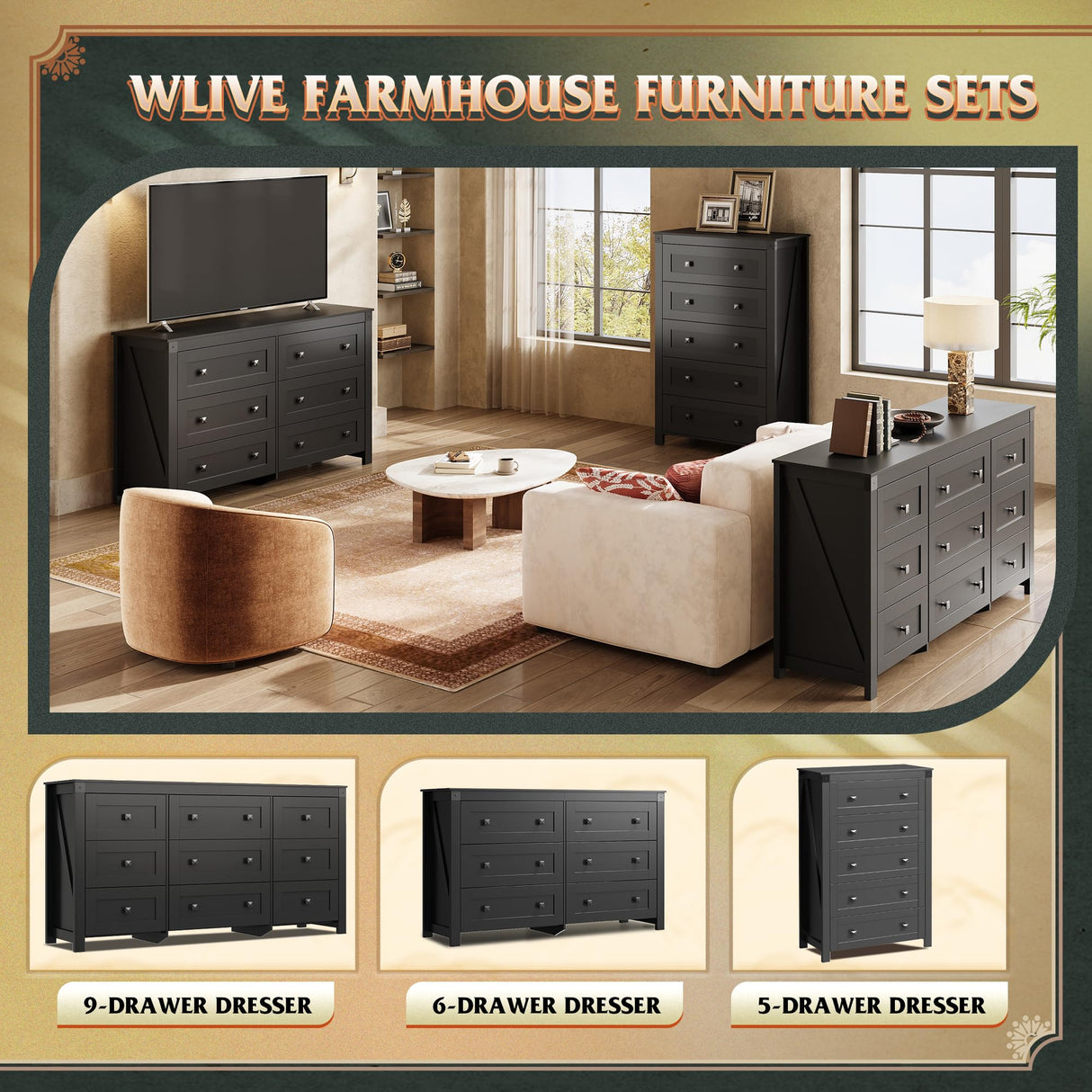 WLIVE Farmhouse 6 Drawer Dresser for Bedroom, 53.07'' Wide Wood Dresser, Black Dresser Storage with Double Rustic Handle, TV Stand for 60 inch TV, Chest of Drawers for Living Room, Hallway WLIVE