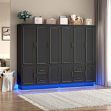 Hlivelood 75” Tall 3 Doors Armoire Wardrobe Closet with 2 Drawers and LED Lights, Modern Closet Wardrobe Cabinet with Shelves and Hanging Rod, Freestanding Wooden Armoire for Bedroom, Black Hlivelood