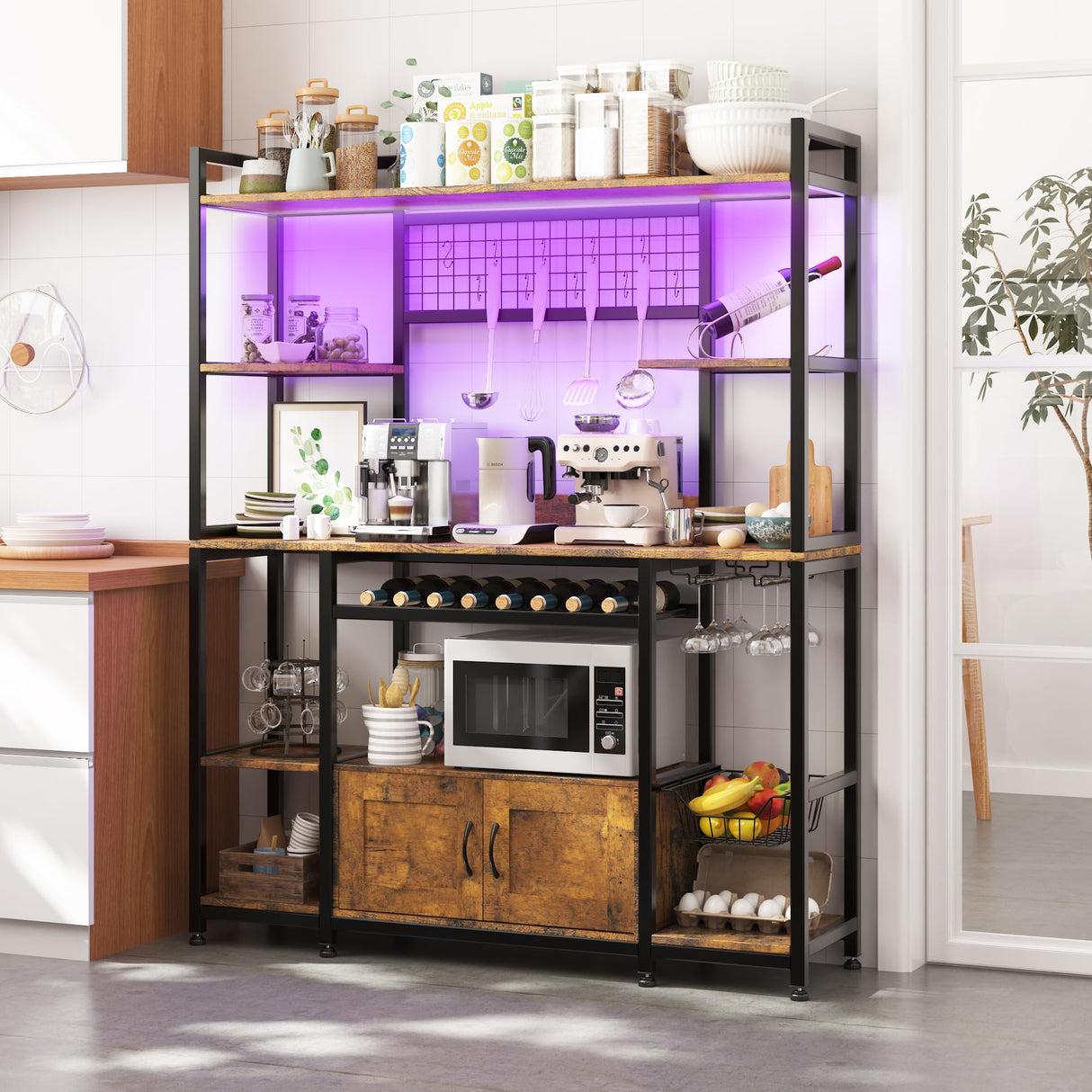GarveeHome 55" Bakers Rack with Power Outlet and LED Light, 5-Tier Kitchen Microwave Stand Coffee Bar with Storage, 10 Hooks, Wire Basket, Metal Grid, Wine Rack, Goblet Holder, Rustic Brown GarveeHome