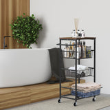 Kitchen Storage Cart on Wheels 4 Tier Utility Rolling Cart with Baskets Farmhouse Serving Cart with Handle Mesh Basket Pantry Cart Rack with Wooden Tabletop for Pantry Bathroom Office, Brown CADUKE