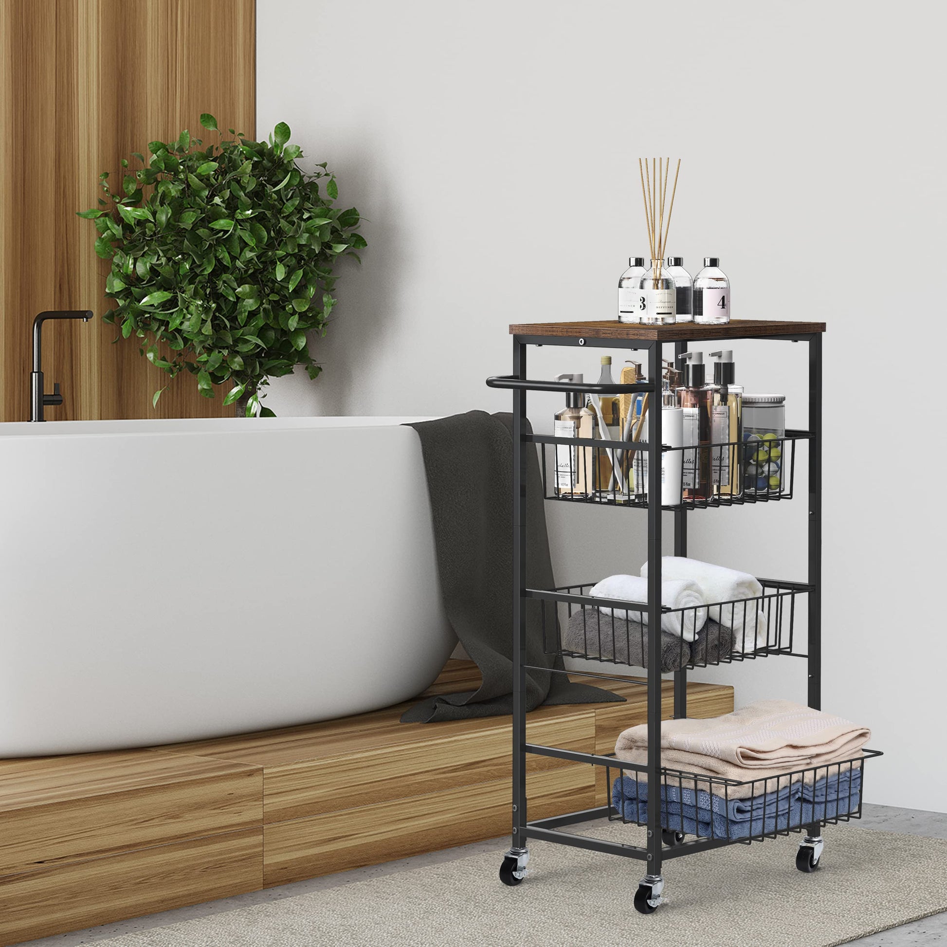 Kitchen Storage Cart on Wheels 4 Tier Utility Rolling Cart with Baskets Farmhouse Serving Cart with Handle Mesh Basket Pantry Cart Rack with Wooden Tabletop for Pantry Bathroom Office, Brown - WoodArtSupply