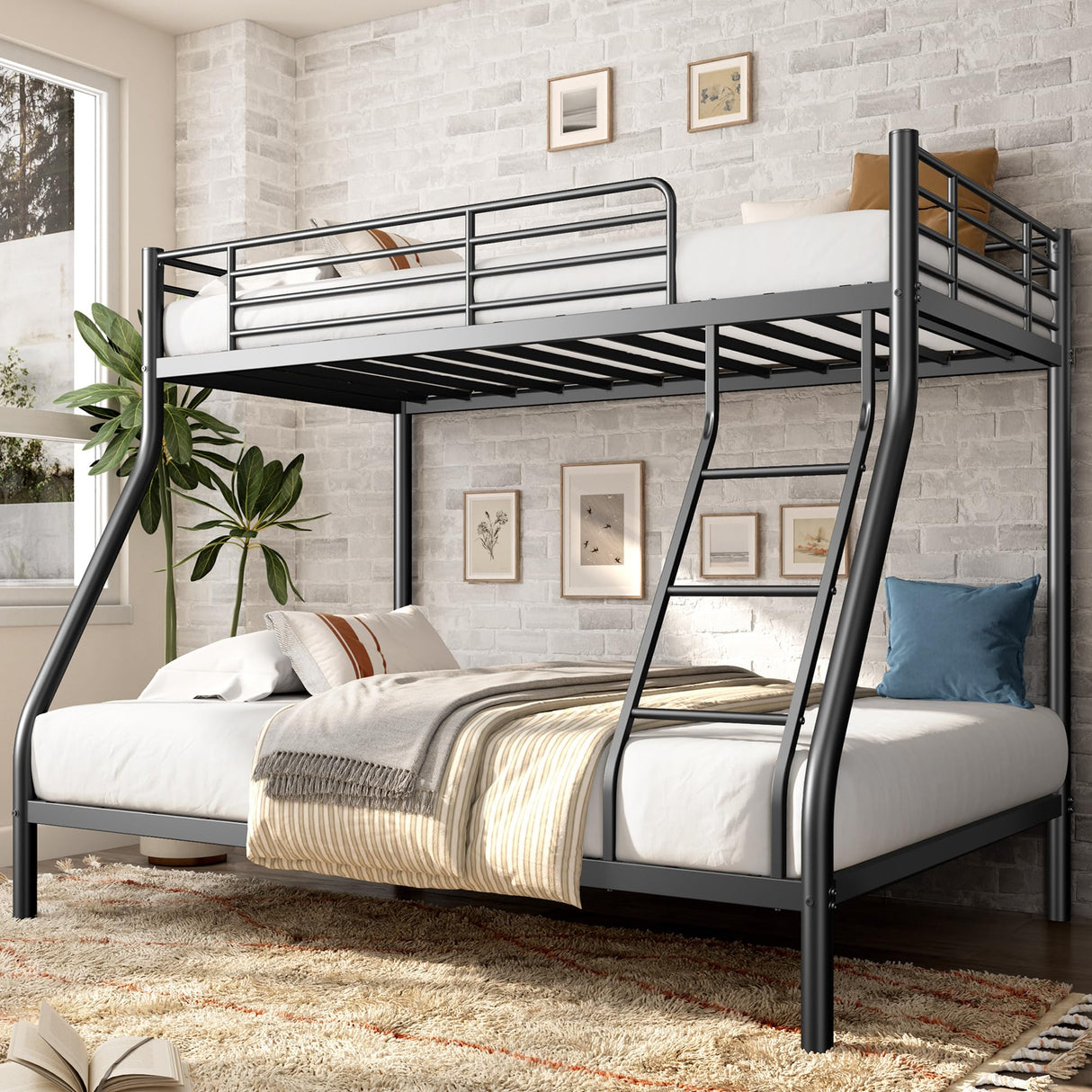 soges Metal Bunk Bed Twin Over Full Size with Ladder & Guardrail, Metal Bed Frame for Teens Adults, Heavy Duty Sturdy Bunk Beds, Black soges