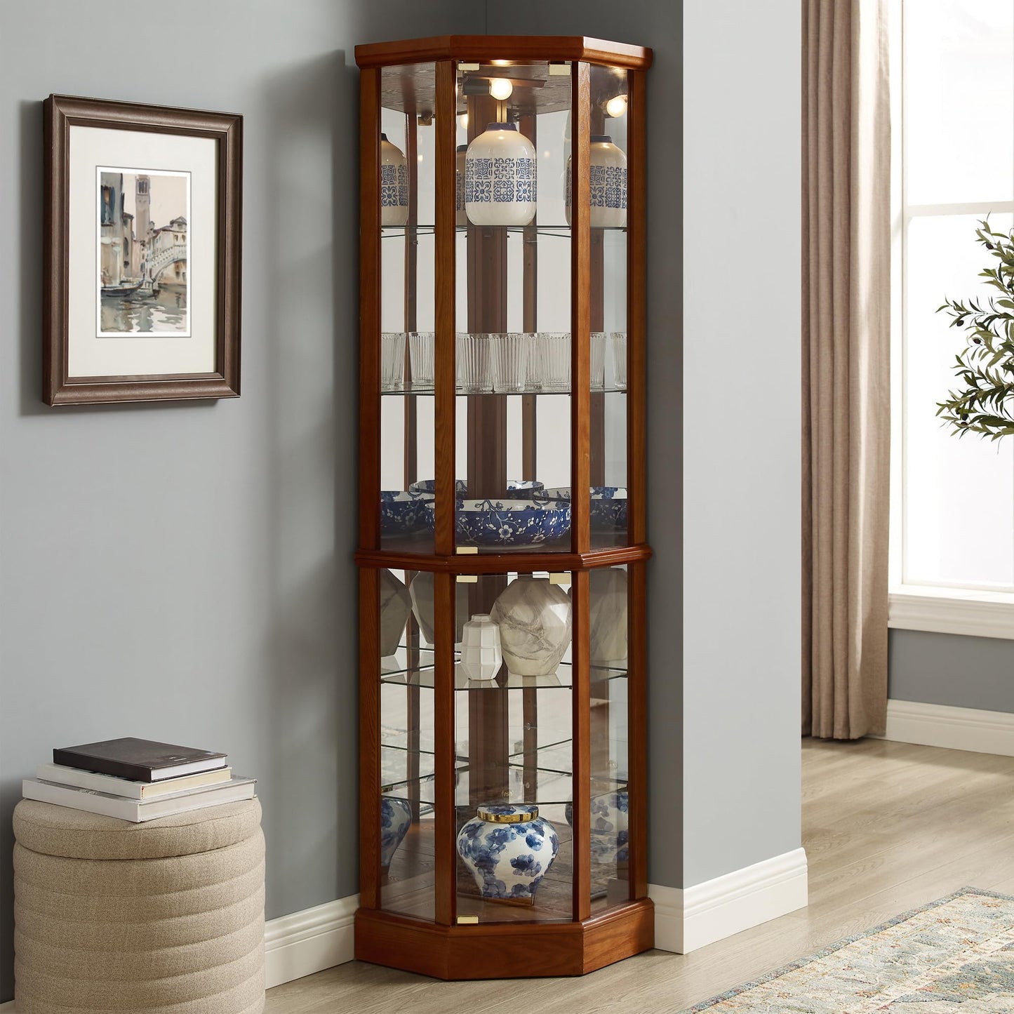 LostCat Corner Display Cabinet, 70" H Corner Glass Display Cabinet with Adjustable Tempered Glass Shelves and Mirrored Back, Curio Cabinet for Living Room, Dark Walnut(Bulb Not Included) - WoodArtSupply