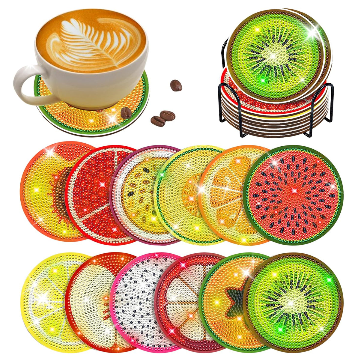 12 pcs Diamond Painting Coasters | Diamond Art Coasters | Fruit Diamond Art Painting | Perfect Art Craft Gift for Fruit Lover, Dad, Mom, Grandparents, Brother, Sister. LGANHAPY