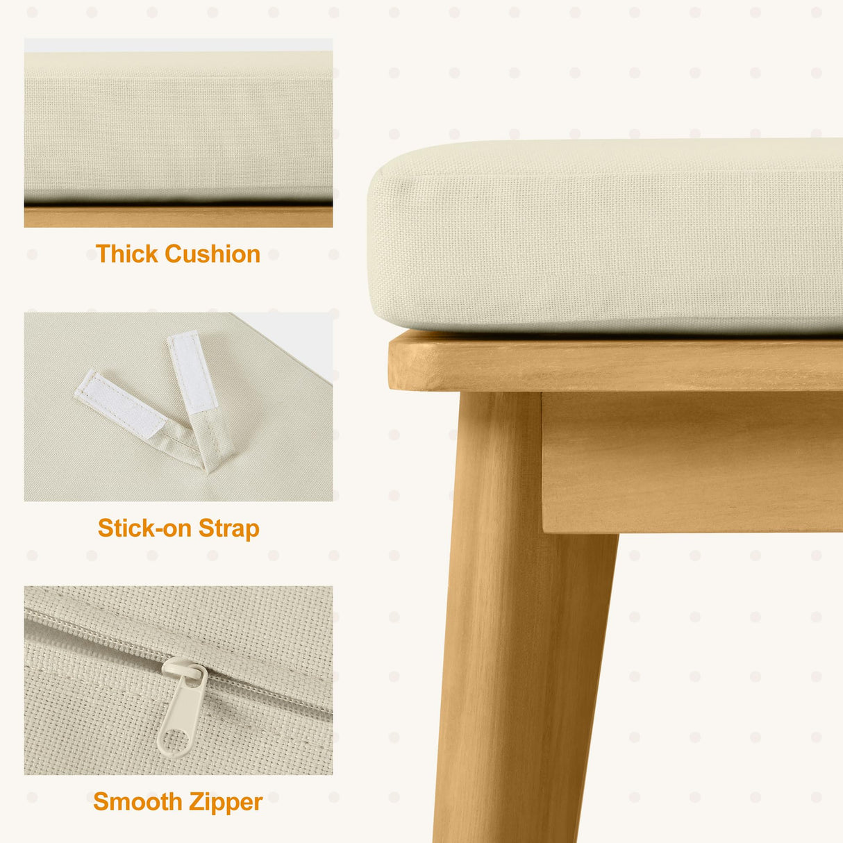 FansaFurn Backless Patio Bench, Acacia Wood Dining Bench with Cushion for Outdoor Porch, Backyard, Garden, Lawn, Beige FansaFurn