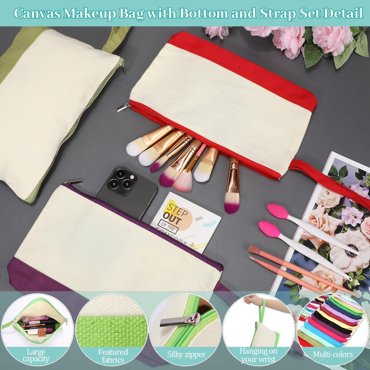 Silkfly 15 Pcs Cotton Canvas Makeup Bags Canvas Cosmetic Bag 10.2 x 5.5 x 2 Inches Two Tone Makeup Bags Bulk with Zipper Blank DIY Pouch with Bottom Travel Toiletry Pouch for Women (Classic) Silkfly