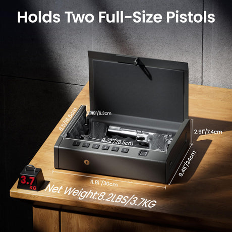 Grimtron Biometric Gun Safe for Handgun – Quick Access Pistol Safe with 100 Fingerprints, Backlit Keypad & Backup Keys – Gun Lock Box for Nightstand, Bedside, Car, Truck & Vehicle Use Grimtron