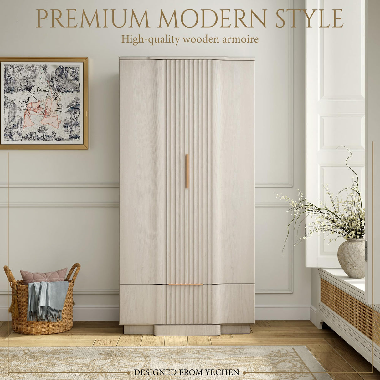 Yechen 64" Fluted Armoire Wardrobe Closet with Doors and Drawer, Wooden Wardrobe Cabinet with Adjustable Shelve, Modern Small Armoires for Hanging Clothes Coats for Bedroom, White Grey Yechen