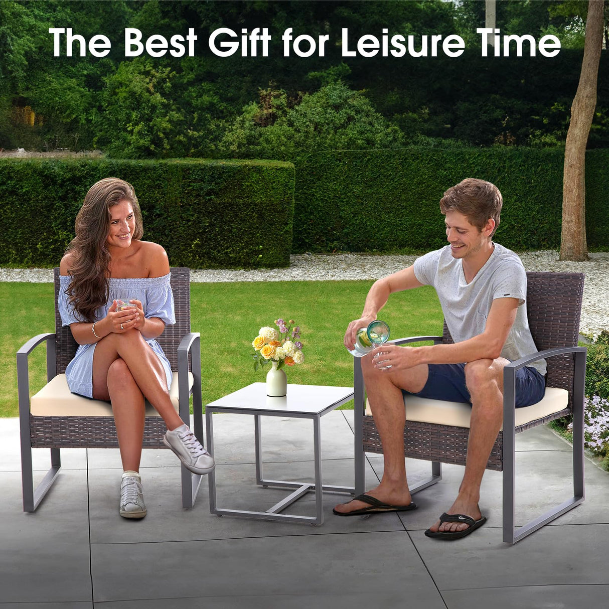 HYDRAGARDEN 3PCS Patio Furniture Set, Outdoor Wicker Bistro Conversation Set with Padded Cushions & Glass Table, Garden Rattan Chair Set for Porch Balcony Backyard (Plus Brown Wicker & Brown Cushions) EARLGROVE