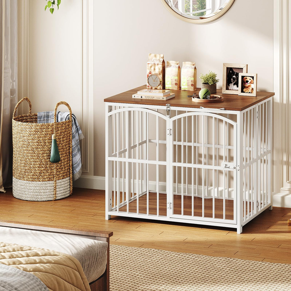 HOOBRO Foldable Dog Crate Furniture, 31.5" Indoor Dog Kennel No Assembly, Wooden Dog Cage Decorative Side End Table, for Medium Small Dogs, White and Walnut WH86GW03 HOOBRO