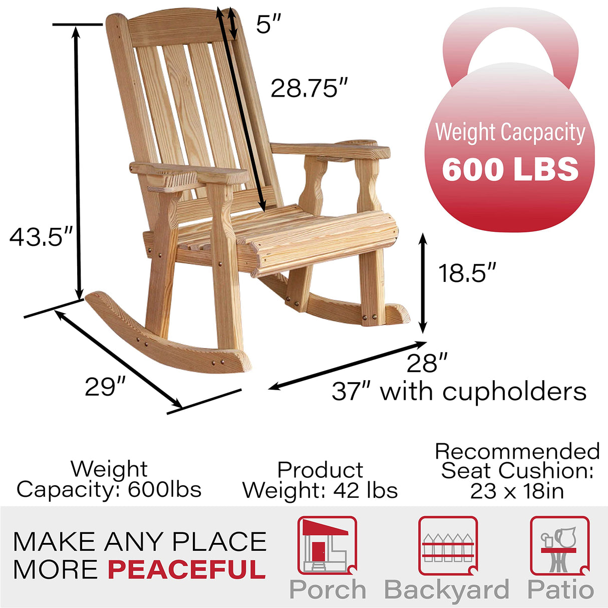 Amish Casual Heavy Duty 600 Lb Mission Pressure Treated Rocking Chair with Cupholders (Unfinished) Amish Casual
