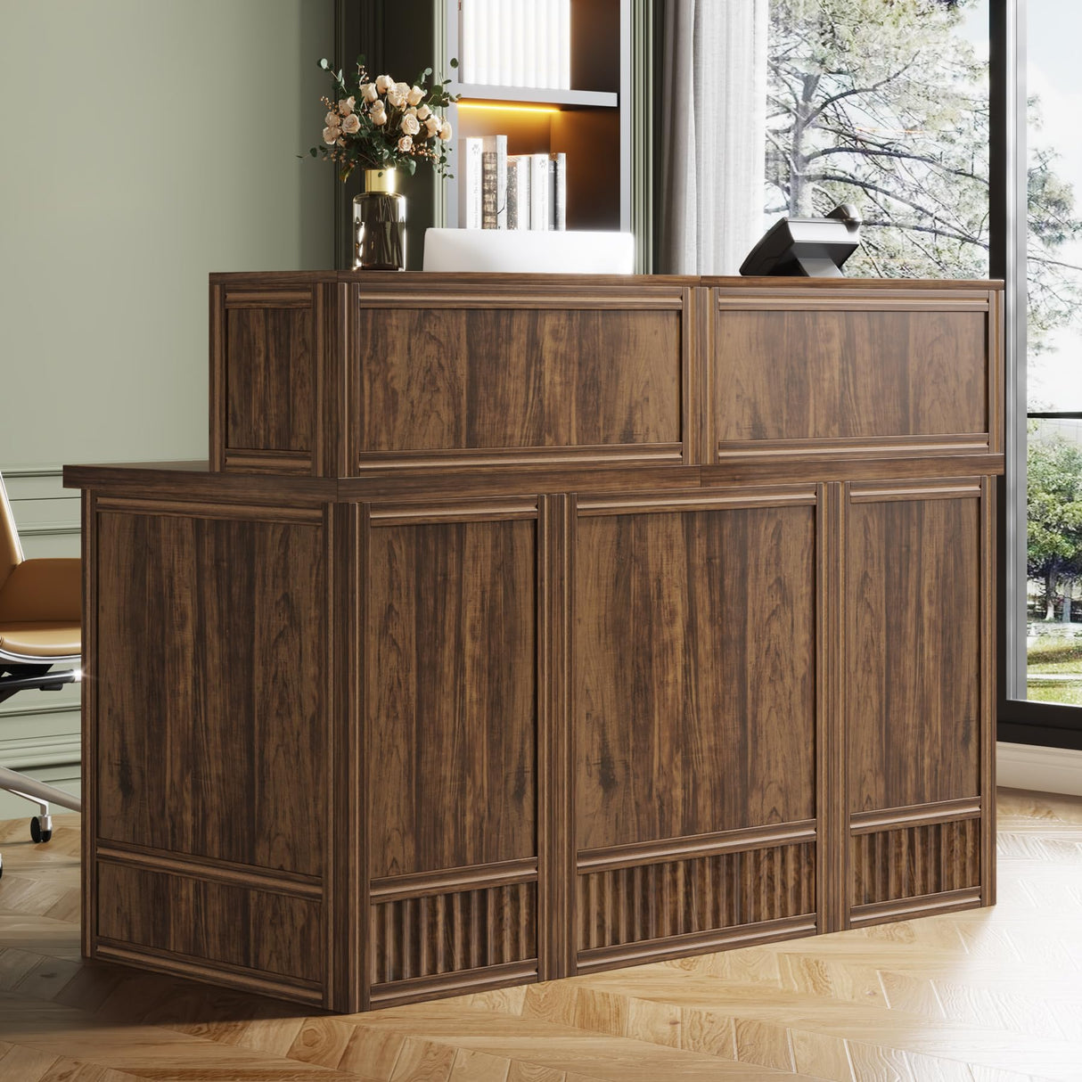 Tribesigns Reception Desk with Counter, 57-Inch Rustic Front Receptionist Table, Boho Welcome Desk Checkout Counter for Office, Retail, Lobby, Beauty Salon (Brown) Tribesigns