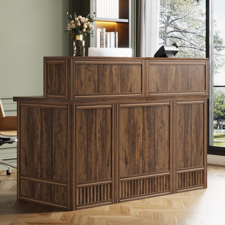 Tribesigns Reception Desk with Counter, 57-Inch Rustic Front Receptionist Table, Boho Welcome Desk Checkout Counter for Office, Retail, Lobby, Beauty Salon (Brown) Tribesigns