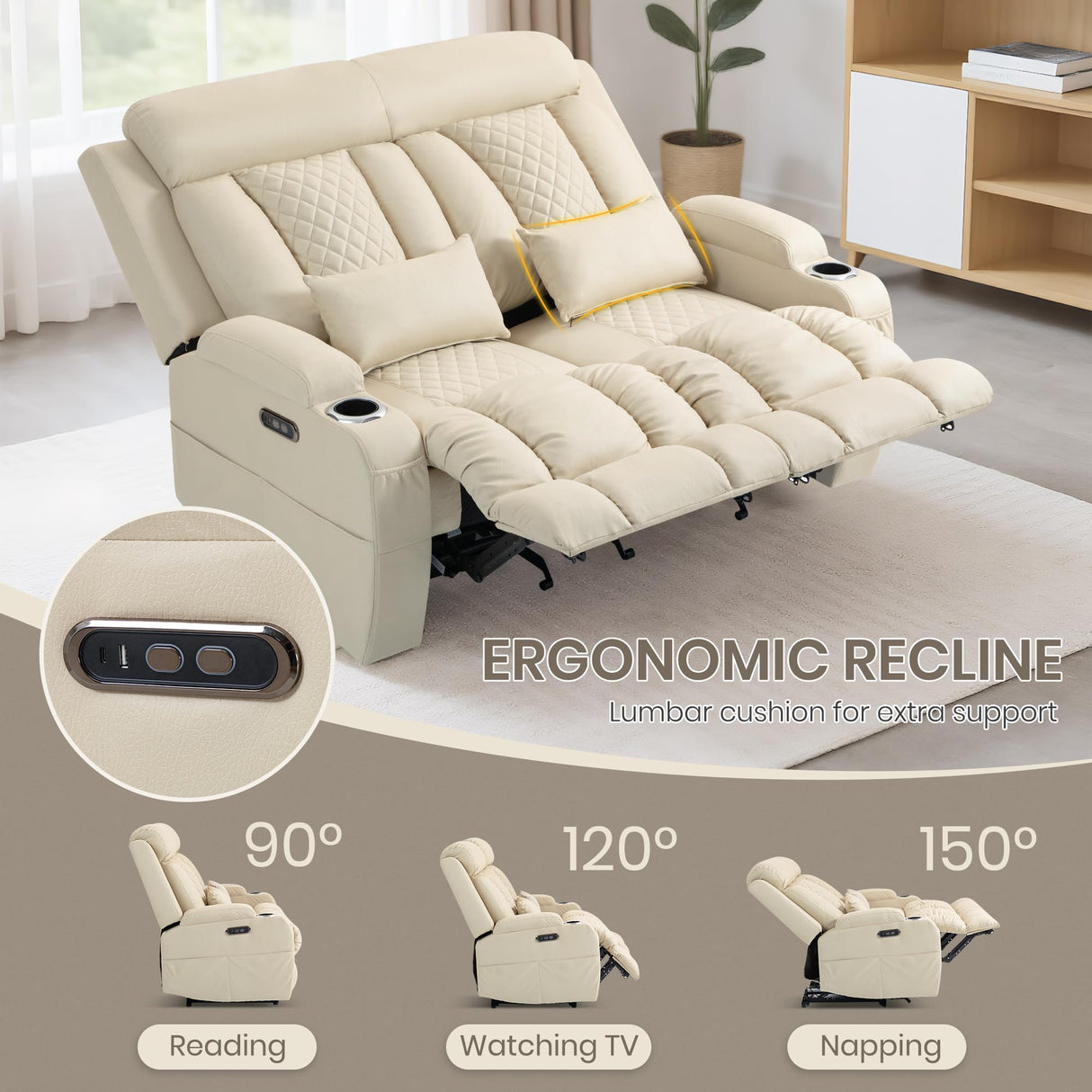 CALIVIA Wall Hugger Power Reclining Loveseat with Manual Adjustable Headrests, Electric Recliner Sofa with USB/Type-C Ports, Cup Holders – Perfect for RV and Small Spaces (Beige) CALIVIA