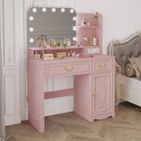 Lareth Makeup Vanity Desk with Lighted Mirror, 39.4 inch Small Vanity Table with Power Outlet, Bedroom Dressing Table, Adjustable Lights & 1 Cabinet 2 Drawers, Gifts for Teen Girls, Light Pink Lareth