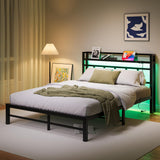 Maliacife Full Size Bed Frame with USB Charging Station, LED Bed with Wood Storage Headboard, Black Metal Platform Bed,Heavy Duty Steel Slats Support,No Box Spring Needed, Noise Free,Easy Assembly Maliacife