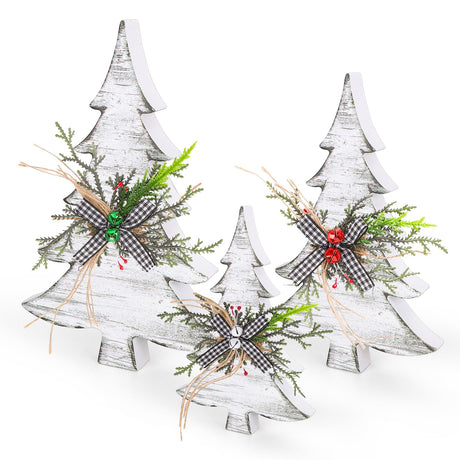 Whaline 3Pcs Retro Wooden Christmas Tree Tabletop Decor Rustic Vintage Texture Standing Wood Xmas Trees with Bells Farmhouse Christmas Tree Tiered Tray Decor for Xmas Home Holiday Party Whaline