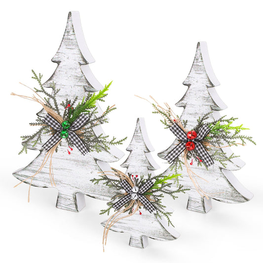 Whaline 3Pcs Retro Wooden Christmas Tree Tabletop Decor Rustic Vintage Texture Standing Wood Xmas Trees with Bells Farmhouse Christmas Tree Tiered Tray Decor for Xmas Home Holiday Party