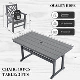 HDPE Dining Table Set for 10,12-Piece Outdoor Table and Chairs Include 10 Dining Chairs and 2 Pcs 62.5" Patio Dining Table with Umbrella Hole (Gray) AZXZCS