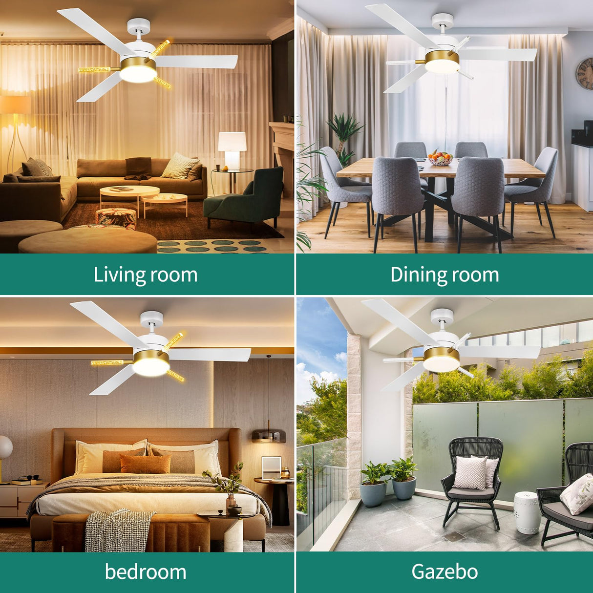 YITAHOME 60 inch Ceiling Fan with Light and Remote, Crystal Rod Design, Modern Chandelier Ceiling Fan with Reversible Quiet Motor, White Gold Indoor Ceiling Fan with 3 LED Colors, Memory Function YITAHOME