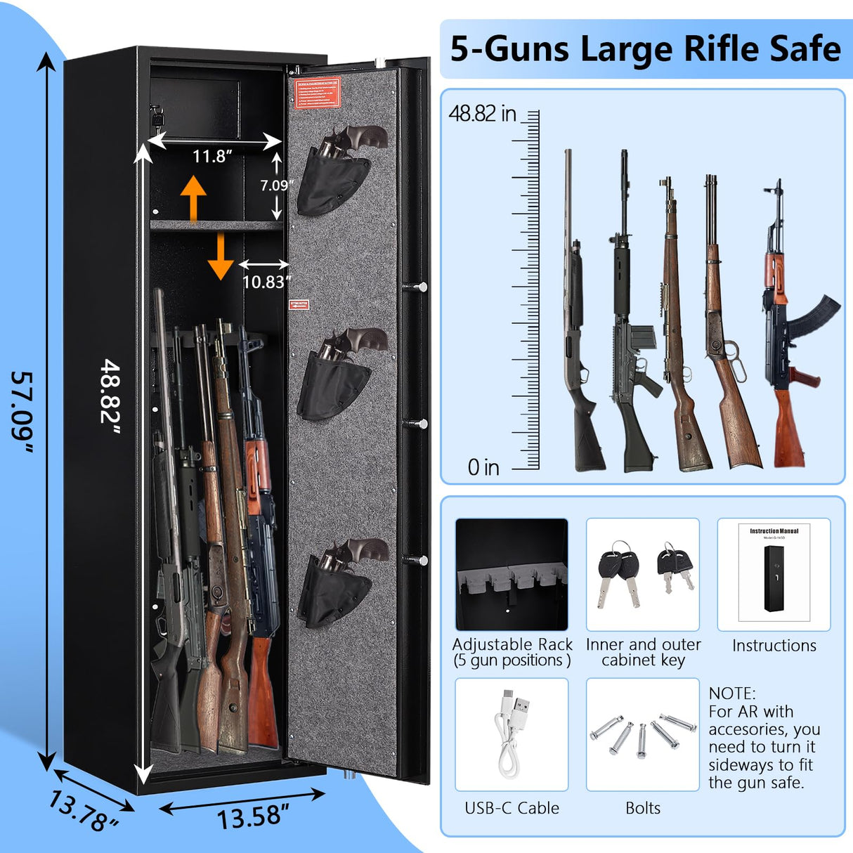 ANXINWEI 5-8 Gun Safe, Quick Access Biometric Rifle Safe with Extra Locker, Long Gun Safe for Rifles and Pistols with Anti Theft Alarm, LED Shotgun Rifle Cabinet with Adjustable Shelf & Handgun Pocket ANXINWEI