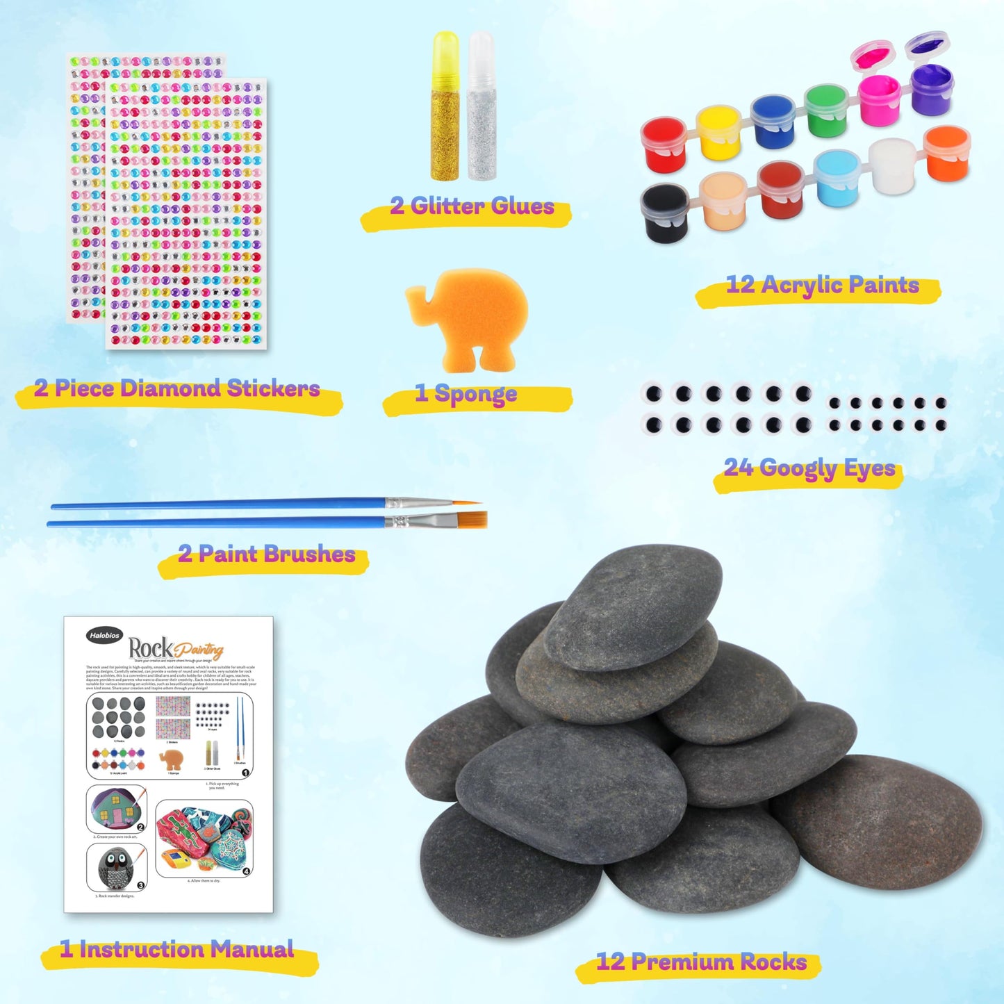 Halobios Rock Painting Kit, 55Pcs Rock Painting Supplies, Craft Kits with 12 Rocks, Painting Rocks for Adults, Arts and Crafts for Kids Ages 6-12, Art Supplies for Birthday Children's Day Gif - WoodArtSupply