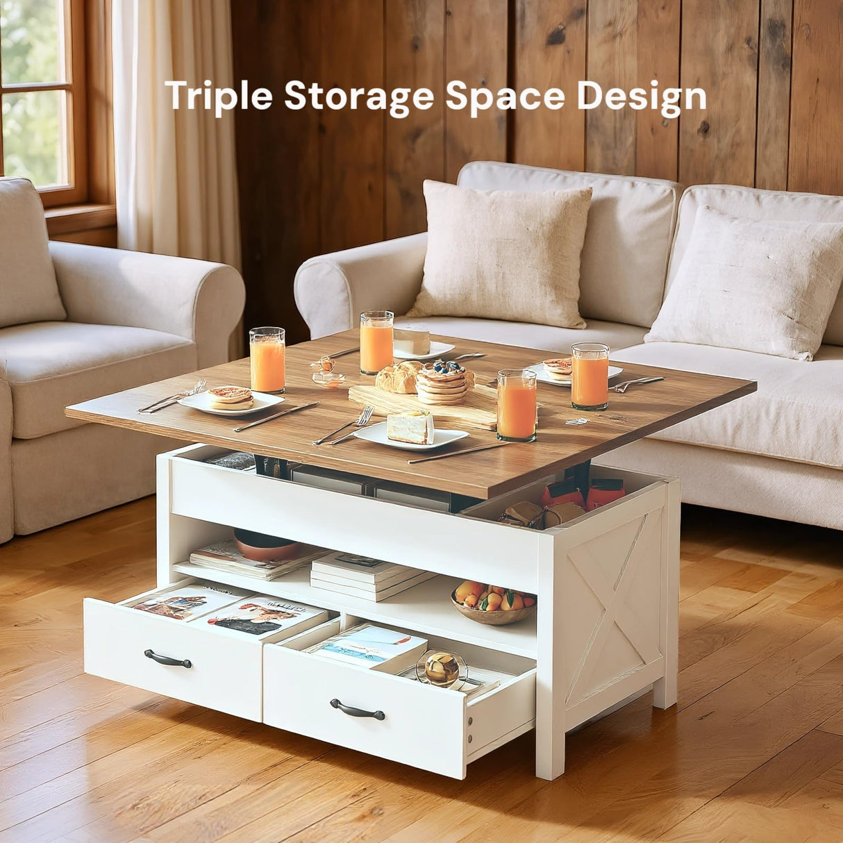 Amada Lift Top Coffee Table with Storage, Farmhouse Wood Coffee Table with Hidden Compartment, One Open Shelf and Two Drawers, Center Table for Living Room and Home Office, Brown & White AMADA HOMEFURNISHING