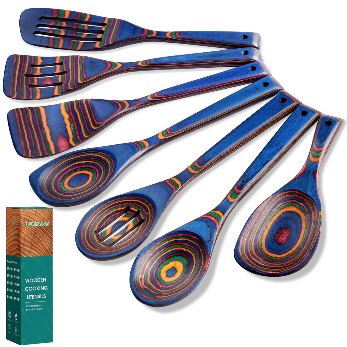 Wooden Spoons for Cooking, 7 Pcs Pakkawood Wooden Kitchen Cooking Spoon Utensil Tools Set Includes Spatula Corner Spoon Rice Paddle Friendly to Non-Stick Cookware by HOWHONG (Blue) HOWHONG
