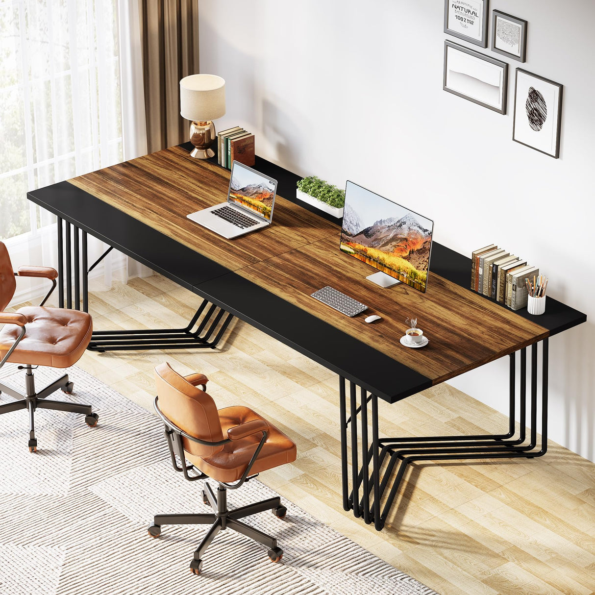 Tribesigns 78.74-Inch Conference Table, 6.56 ft 2 Person Desk Home Office Desk with Sturdy Geometric Metal Frame, Meeting Table Business Seminar Table for 8-10 People, Rustic Brown & Black Tribesigns