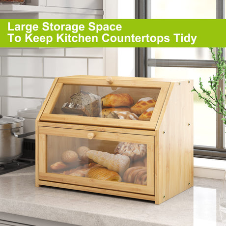 Farmhouse Bread Box for Kitchen Countertop Bread box Double Layer Bamboo Wooden Extra Large Capacity Bin Kitchen Food Storage Container(White) BMOSU