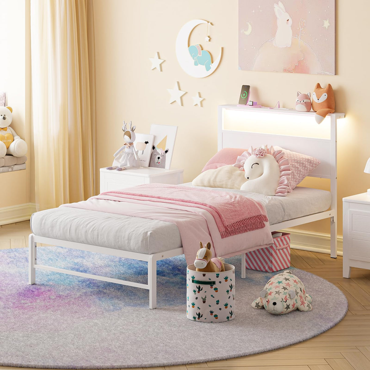 Weehom Twin Bed Frames with Headboard Shelf Storage, Wood Twin Bed Frame with Charging Station and LED Lights, No Box Spring Needed Twin Size Metal Bed Frame for Kids Students, White Weehom