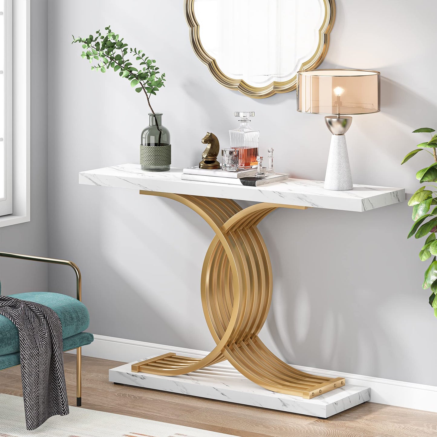 Tribesigns Gold Entryway Table, Modern 39-Inch Console/Accent Table with Geometric Metal Legs, Faux Marble Narrow Wood Sofa Table, Foyer Table for Entrance, Living Room (Gold & White) - WoodArtSupply