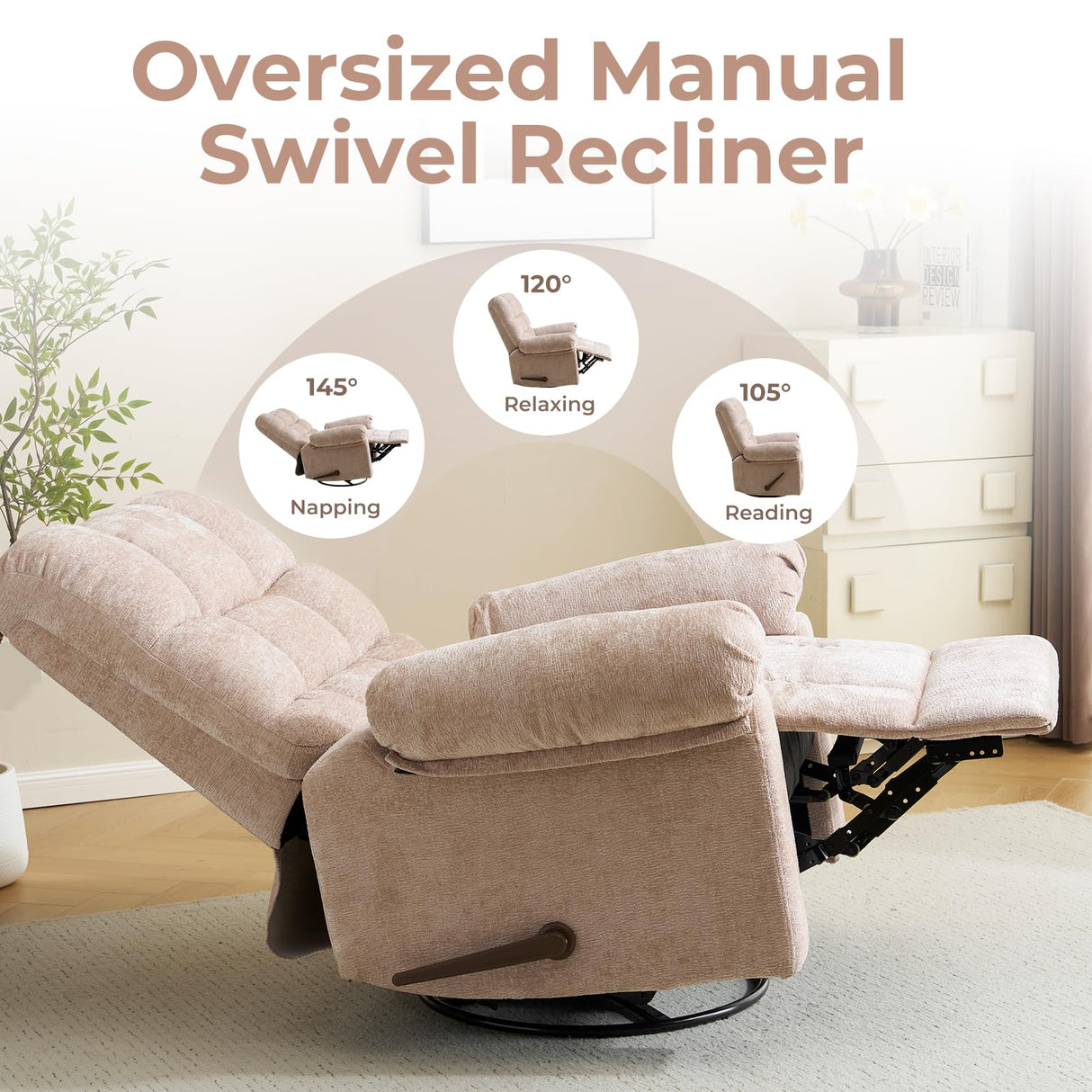 Rhevoy Swivel Rocker Recliner Chair with Heat and Massage, 26" Wide Oversized Rocker Recliner with Overstuffed Backrest,Swivel Glider Recliner for Living Room,Beige Rhevoy