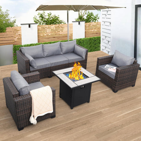 Valita Patio Rattan Furniture Set 4-Piece Outdoor PE Wicker Conversation Couch, Brown Sectional Sofa Couch with 50,000BTU Adjustable Fire Pit Table Non-Slip and Washable Gray Cushions Valita