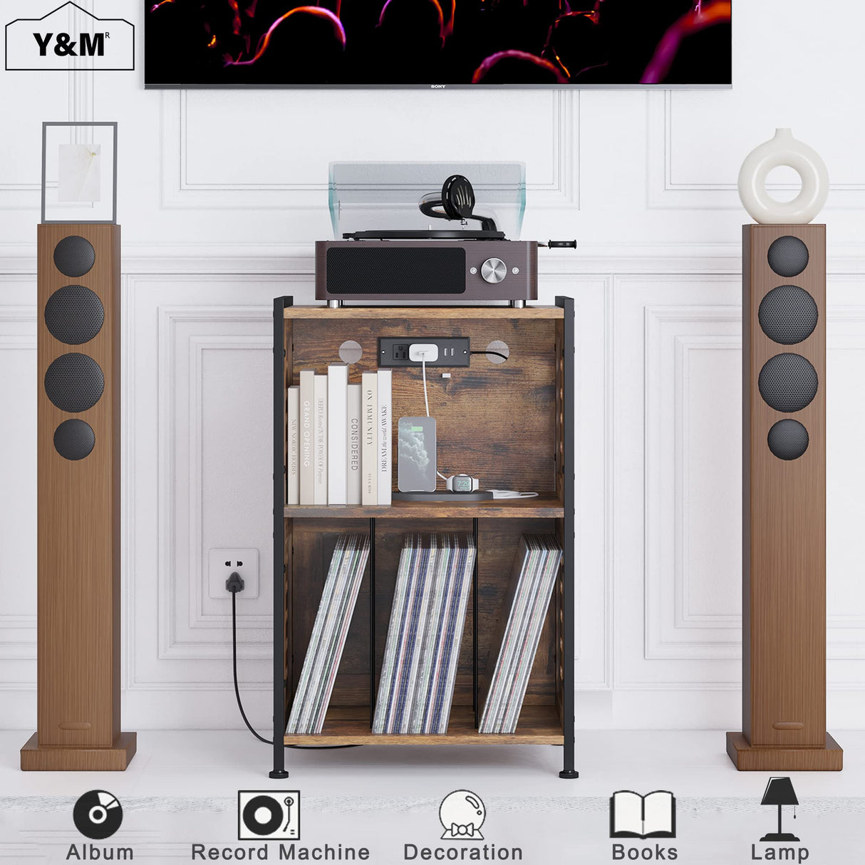 Y&M Record Player Stand, Vinyl Turntable Stand with Charging Station and USB Port, Record Display Table with Storage Cabinet, Turntable Holder, End Table, Nightstand for Bedroom, Living Room, Brown Y&M